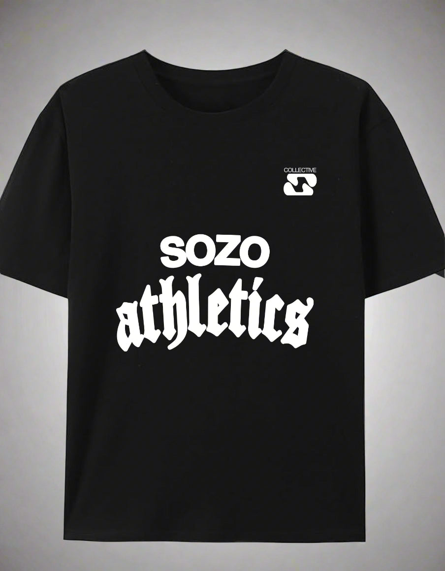 Black t-shirt with 'SOZO Athletics' text and logo on a white background